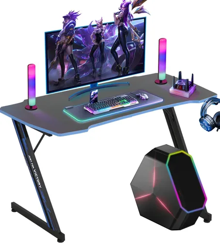 Miniatura 11 de Escritorio para juegos de 35 pulgadas en forma de Z con gancho, mesa de juegos para PC barata, escritorio de oficina en casa para cama, sofá, Azul