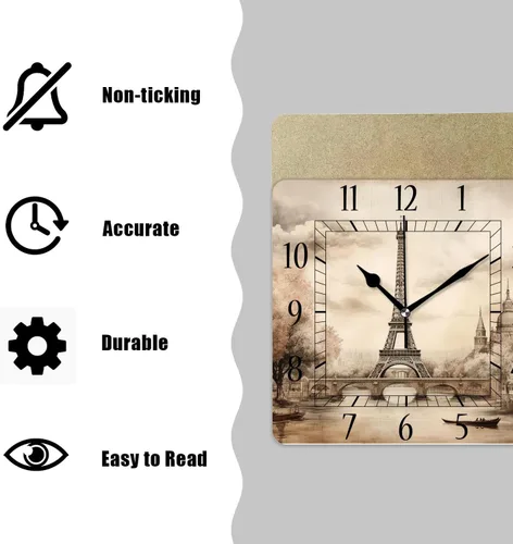 Miniatura 5 de Reloj de pared decorativo de 10 pulgadas, silencioso, cuadrado, para el hogar, sala de estar, cocina, torre Eiffel, retro, París, exquisito A0591