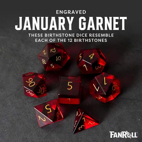 Miniatura 6 de FanRoll - Juego de dados DND de 0.630 in con piedra natal de polietileno: Granate de enero grabado, dados de juego de rol para Calabozos y Dragones