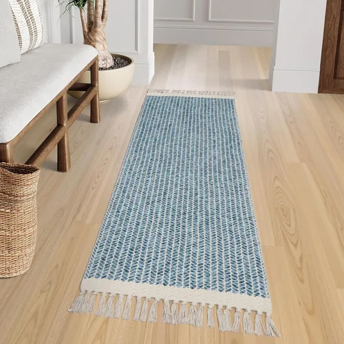 Miniatura 7 de Lahome Belle - Alfombras bohemias de cocina de 2 x 6, alfombra ligera de algodón tejido de algodón con borlas, alfombra azul lavable de granja