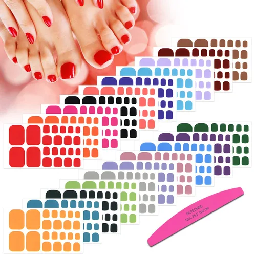 20 hojas de tiras de esmalte de uñas de los pies para mujer, calcomanías de color sólido para uñas de los pies, envolturas completas para niñas,