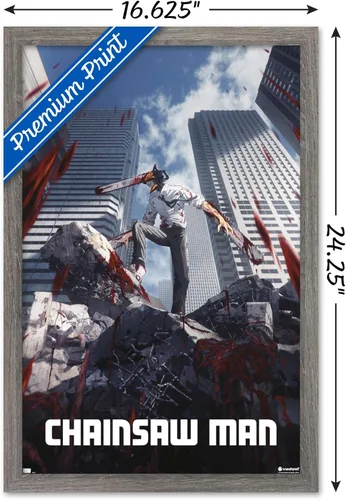 Miniatura 3 de Chainsaw Man - Póster de pared de arte clave, 22.4 pulgadas de largo x 14.7 pulgadas de ancho, versión enmarcada de madera de granero