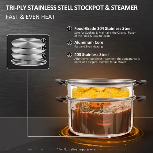 Miniatura 3 de AuFranc® Vaporizador de 8 cuartos de galón para cocinar, olla de vapor de acero inoxidable con cesta de vapor, olla multiusos con tapa fría