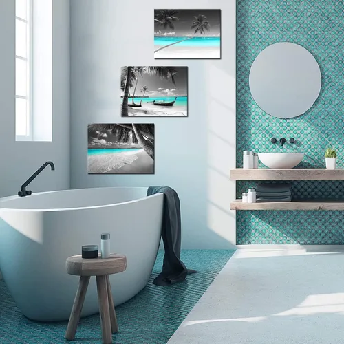 Miniatura 5 de Biuteawal 3 piezas de lienzo de playa en blanco y negro para pared, imágenes de paisaje marino turquesa, palmera tropical, velero, pintura, obras
