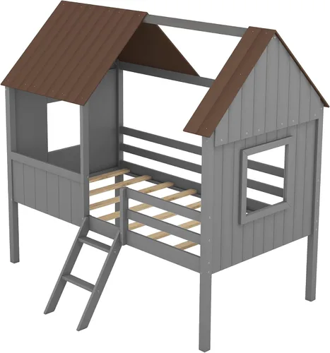 Miniatura 6 de Quarte Fun House - Cama con techo y dos ventanas laterales, cama baja de madera tamaño individual con escaleras pequeñas y barandilla, para niños