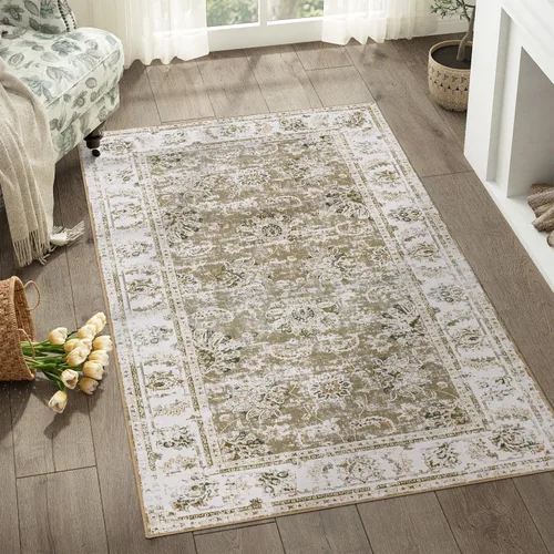 Miniatura 116 de Jinchan Fiora - Alfombra redonda de 8 pies, alfombras vintage con diseño floral envejecido, lavable a máquina, antideslizante, de pelo bajo, Azul