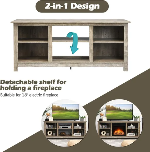 Miniatura 6 de Tangkula Soporte universal de madera de granja para TV de hasta 65 pulgadas, mesa consola de TV rústica con 6 estantes abiertos, centro