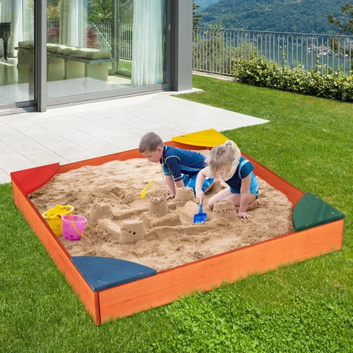 Miniatura 7 de HONEY JOY Caja de arena de madera para niños, pozo de arena sin fondo para exteriores con 4 asientos esquineros integrados, cajas de arena de cedro