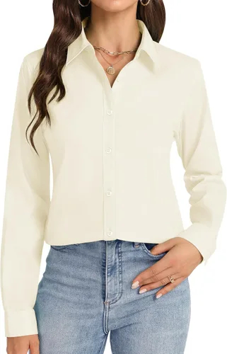 Miniatura 18 de Camisas con botones J.VER para mujer con cuello elástico y manga larga de algodón, camisa de vestir casual de negocios para el trabajo