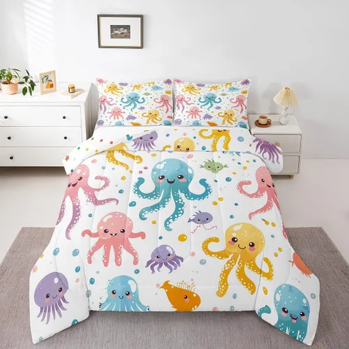 Miniatura 16 de Octopus - Juego de edredón para niños, tamaño matrimonial, nubes oscuras, olas del océano, juego de ropa de cama retro trippy decoración de Rojo