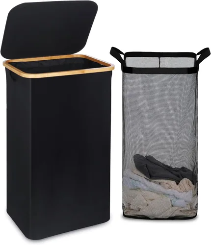 Miniatura 14 de efluky Cesta de lavandería con tapa y bolsa extraíble, cesta de lavandería de 100 litros de alto con asas de bambú, papelera estética para ropa Gris