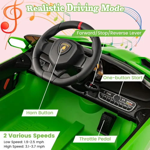 Miniatura 3 de Costzon - Automóvil de paseo Lamborghini con licencia, vehículo deportivo 4WD con batería de 12 V, control remoto, 3 velocidades, puertas Verde