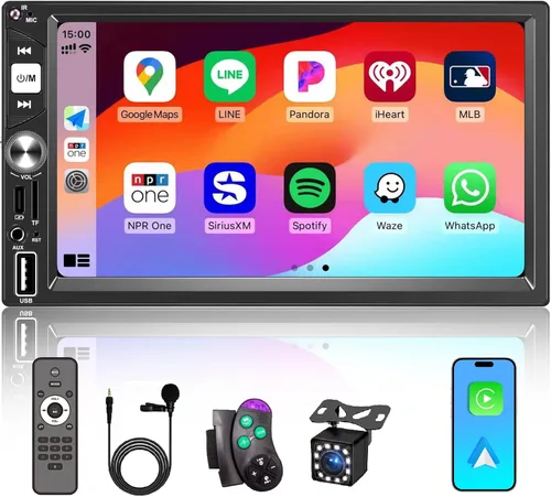 Estéreo de Coche Inalámbrico Apple CarPlay de 7 Pulgadas Doble Din, Radio de Coche FM, Bluetooth 5.2, Pantalla Táctil IPS 1024 * 600, Cámara de