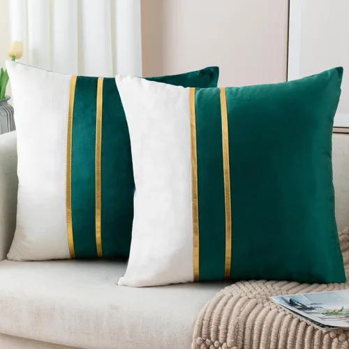 Miniatura 29 de ZLINA Juego de 2 fundas de almohada decorativas de terciopelo verde aguamarina y blanco con parches y cuero dorado de 16 × 16 pulgadas, fundas