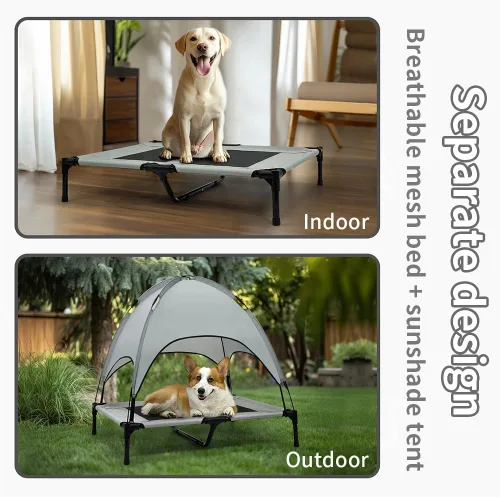 Miniatura 4 de Cama elevada impermeable para perros con toldo y malla de refrigeración – Cuna elevada portátil para perros grandes, tienda de campaña para Gris