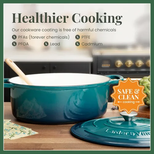 Miniatura 3 de Larder & Vine Olla holandesa de hierro fundido esmaltado de 8 cuartos con tapa, para hornear pan, compatible con todas las placas de cocción y apta