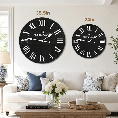 Miniatura 2 de ARTPOWER Reloj de pared grande de granja, reloj de pared Shiplap de 35.5 pulgadas con número romano, casi sin tictac, relojes de pared redondos