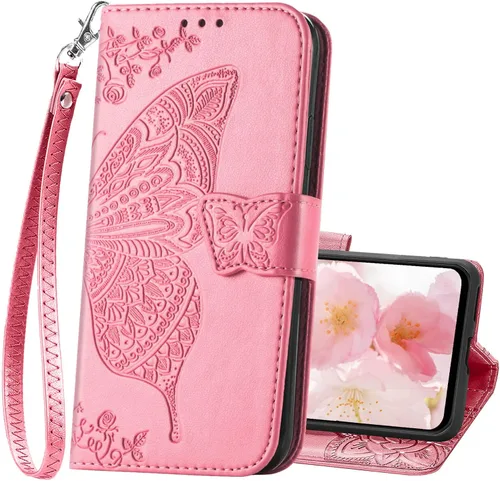 Miniatura 12 de Funda para teléfono Galaxy A14 5G, cartera con tapa para mujer, de piel sintética en relieve de mariposa con tarjeteros de crédito, correa de Lavanda
