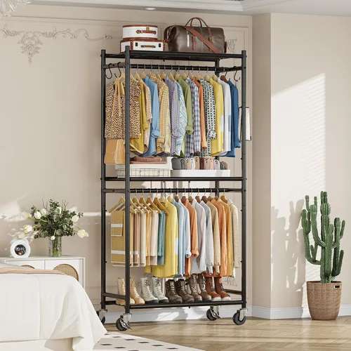Miniatura 2 de Simple Trending Perchero de ropa de metal rodante con estantes y ruedas, perchero independiente con ganchos, organizador de armario portátil