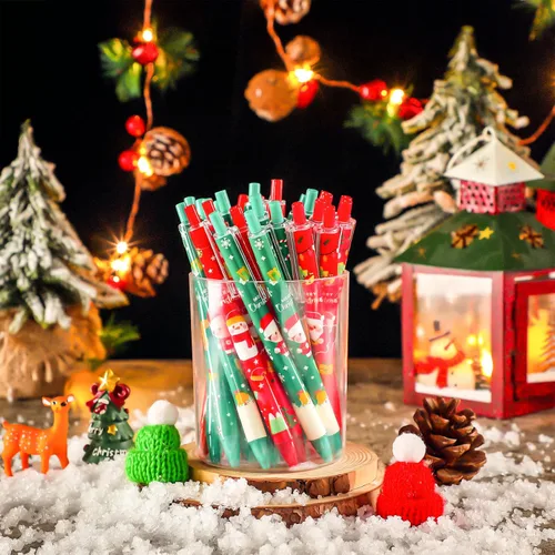 Miniatura 4 de Leinuosen 48 piezas de bolígrafos de Navidad a granel lindos bolígrafos retráctiles de tinta de gel de color rojo y verde, diseño de renos y árbol