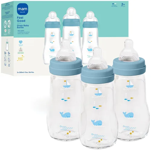 Miniatura 10 de MAM Biberón de cuello ancho anticólicos de vidrio puro Feel Good de 9 onzas, pezón de silicona suave de flujo medio, fácil de limpiar, sin BPA, más