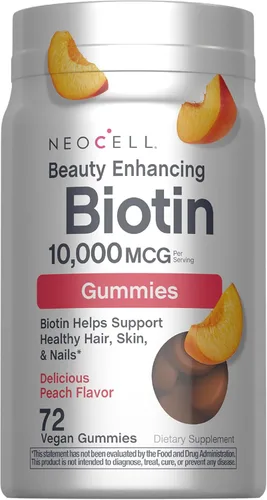 NeoCell Biotin Gomitas de 10000 mcg | 72 unidades | Suplemento potenciador de belleza | cabello, piel y uñas | Sabor a melocotón