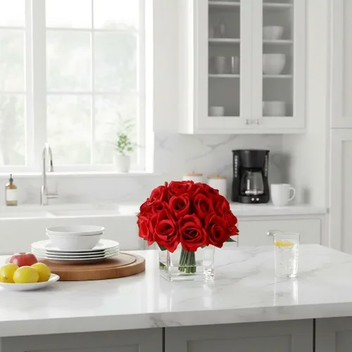 Miniatura 8 de 18 cabezas de rosas artificiales en jarrón, arreglo floral de rosas falsas en jarrón con agua falsa para mesa de comedor, boda, decoración del hogar