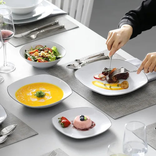 Miniatura 5 de MALACASA Series Elisa - Juego de vajilla de porcelana cuadrada de 24 piezas, color blanco con borde negro, juego de platos modernos para 6 platos