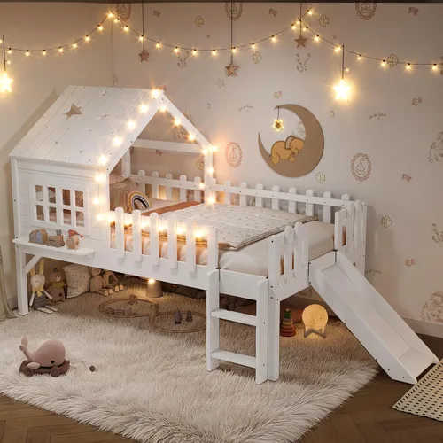 Miniatura 14 de Marco de cama de tamaño matrimonial para niños con escaleras, bonito techo y ventana en forma de estrella para niños y niñas, cama de plataforma