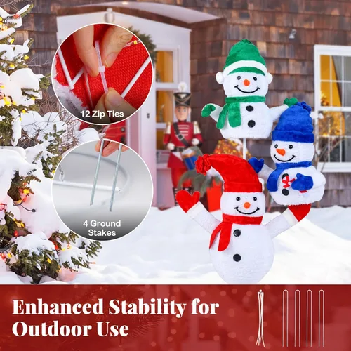 Miniatura 8 de Tangkula Muñeco de nieve de 5 pies iluminado para Navidad, decoración de 3 muñecos de nieve apilados, muñeco de nieve 3D iluminado con estacas