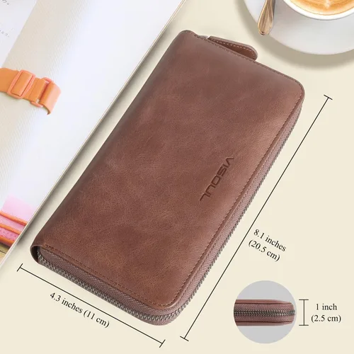 Miniatura 17 de VISOUL Cartera larga de cuero con cremallera para hombres y mujeres con bloqueo RFID, cartera larga de embrague grande con cremallera, Negro