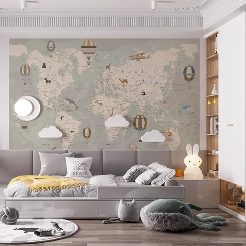 Miniatura 6 de Papel tapiz de mapa del mundo para niños con animales, calcomanías educativas para despegar y pegar, murales de guardería para bebés, niños