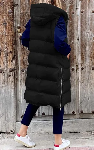 Miniatura 3 de LEANI Chaleco largo acolchado con cremallera completa para mujer, abrigo sin mangas con bolsillos