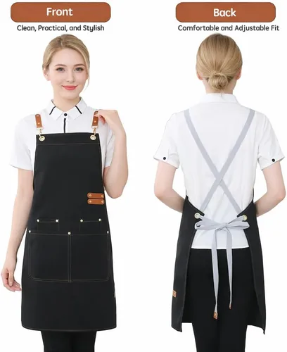 Miniatura 2 de Delantal de chef para hombres y mujeres – Lona impermeable pesada con diseño de espalda cruzada sin dolor de cuello, 4 bolsillos y lazos de cuero