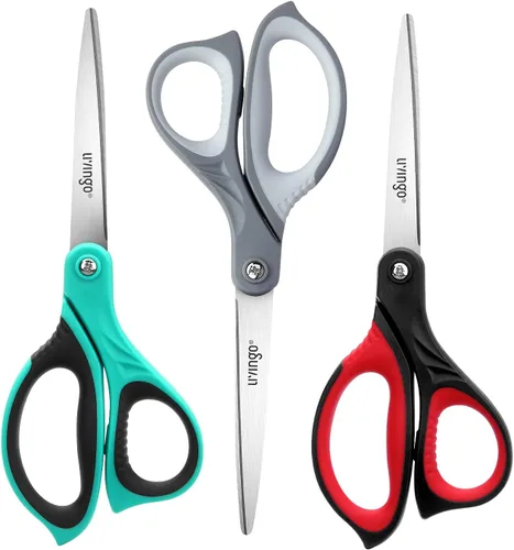 LIVINGO Tijeras de 8.5 pulgadas para todo uso, paquete de 3 tijeras de hoja ultra afiladas, tijeras ergonómicas profesionales de agarre cómodo para
