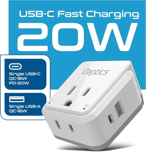 Miniatura 2 de Ceptics Adaptador de Enchufe de Corriente Internacional Juego de Viaje, 20W PD y QC, USB Dual Seguro y USB-C 3.1A - 2 Tomas de EE.UU. - Compacto