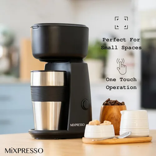 Miniatura 5 de Mixpresso Cafetera Personal de Una Sola Porción y Taza de Viaje de 14oz, Cafetera Pequeña de Goteo y Termo, Apagado Automático y Filtro Negro