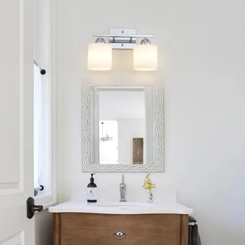 Miniatura 2 de Mecgirn Luces de tocador de vidrio de leche de acero inoxidable para baño, 2 lámparas cromadas de baño sobre espejo, enchufes E26 de cerámica Cromo