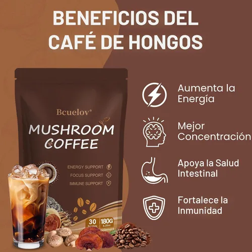 Miniatura 3 de Café de hongos, café instantáneo de hongos en polvo con 6 hongos adaptogénicos (Cordyceps, melena de león, shiitake, cola de pavo) y aceite MCT