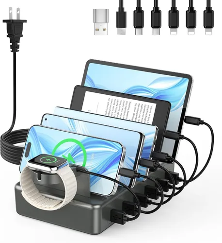 Miniatura 8 de Estación de Carga para Múltiples Dispositivos, CREATIVE DESIGN Estación de Carga USB 50W de 6 Puertos con Soporte para Apple Watch y 6 Cables