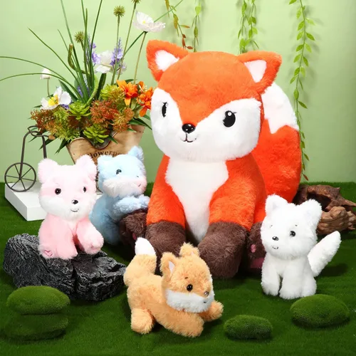 Miniatura 4 de HyDren Juego de 5 juguetes de peluche de zorro de 14 pulgadas con 4 lindos zorros de peluche en el abdomen, suaves peluches de zorro para baby