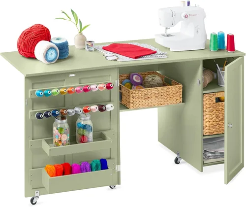 Miniatura 13 de Best Choice Products Mesa de costura plegable grande, estación de manualidades portátil multiusos y escritorio lateral con diseño compacto, ruedas