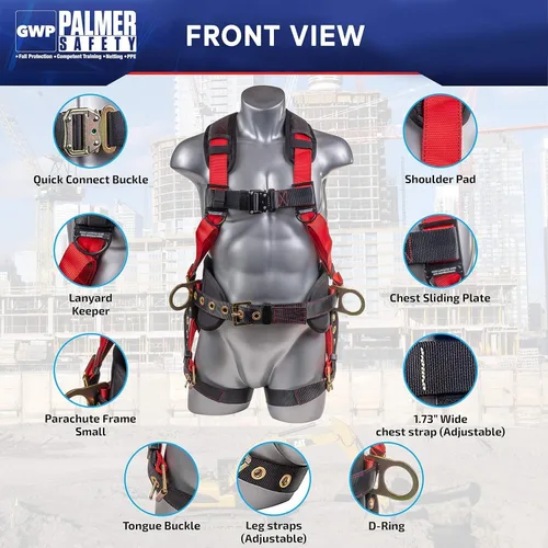 Miniatura 2 de Palmer Safety Kit de protección contra caídas, arnés de seguridad de 5 puntos, cordón de doble pierna de 6 pies, extensor de anillo en D de 18 Rojo