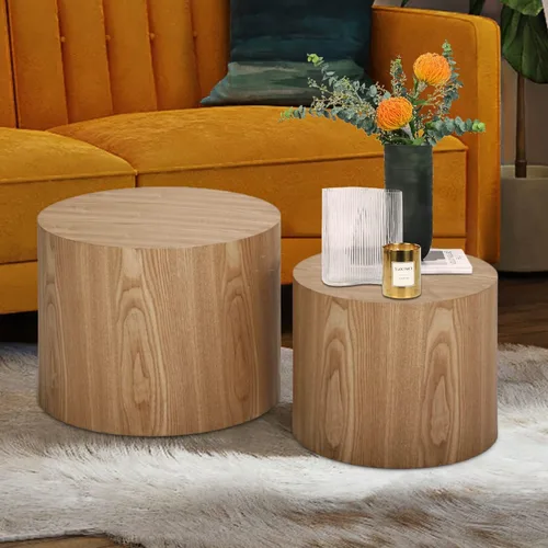 Miniatura 9 de JUSTONE Juego de mesa auxiliar anidable de 2 piezas, mesas redondas de madera de roble moderno para sala de estar para dormitorio y oficina en casa