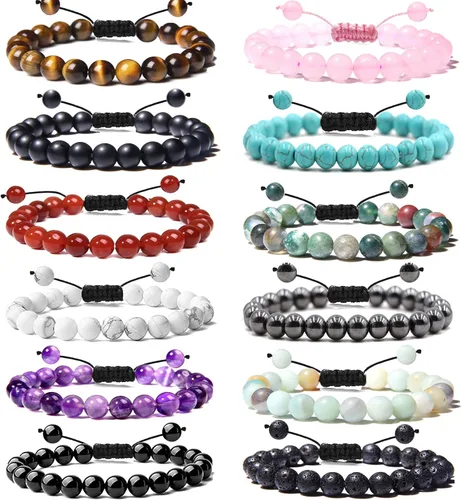 Svovin Juego de 12 pulseras de piedras preciosas curativas de cuentas de 0.315in para hombres y mujeres, unisex, ojo de tigre, amatista, energía,