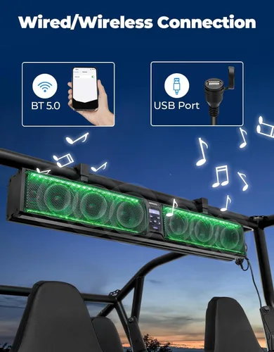 Miniatura 6 de KEMIMOTO Barra de sonido con 8 altavoces de 32 pulgadas, barra de sonido de metal resistente para ATV UTV, luz RGB impermeable Bluetooth, barra