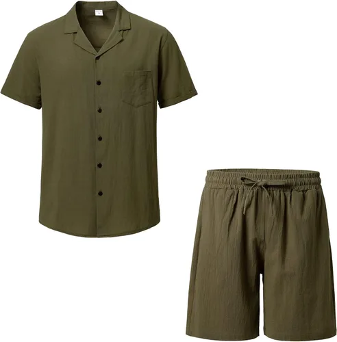 Miniatura 5 de THWEI Conjunto de 2 piezas para hombre, camisa de manga corta, casual, algodón, con botones, para verano, playa, vacaciones