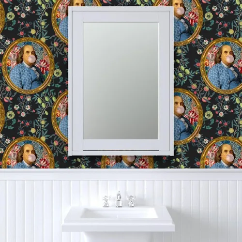 Miniatura 9 de Spoonflower Muestro de papel tapiz extraíble - Bubblegum Ben Franklin Presidente Floral Print Charcoal Novedad Papel pintado personalizado pre-pegado