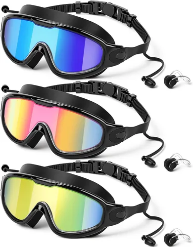 Miniatura 7 de Konohan Paquete de 3 gafas de natación para adultos, gafas anchas sin fugas, antiniebla, con clips para la nariz, tapones para los oídos