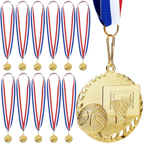 Juvale Paquete de 12 medallas de premio para adultos, trofeos de participación en equipo con cinta de rayas rojas, blancas y azules, recuerdos de
